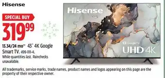 Canadian Tire Hisense 43˝ 4k google smart tv offer