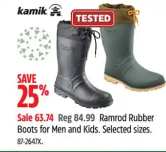 Canadian Tire Kamik ramrod rubber boots for men and kids offer