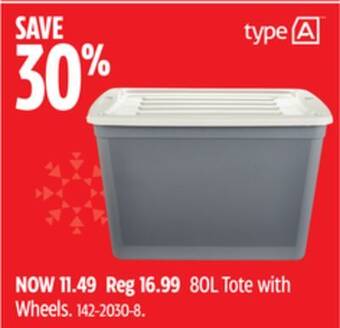 Canadian Tire Type a 80l tote with wheels offer