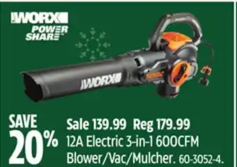 Canadian Tire Worx 12a electric 3-in-1 600cfm blower/vac/mulcher offer
