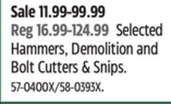 Canadian Tire Fiskars selected hammers, demolition and bolt cutters & snips offer