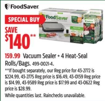 Canadian Tire Foodsaver vacuum sealer + 4 heat-seal rolls/bags offer