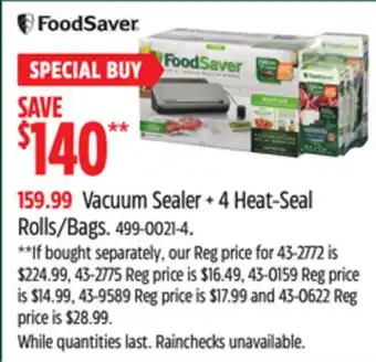 Canadian Tire Foodsaver vacuum sealer + 4 heat-seal rolls/bags offer