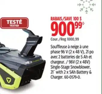 Canadian Tire Yardworks 96v (2x48v) single-stage snowblower, 21 with 2x5ah batter & charger offer
