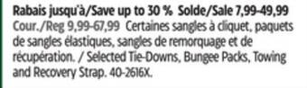 Canadian Tire Motomaster selected tie-downs, bungee packs, towing and recovery strap offer