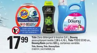 Provigo Tide zero détergent à lessive 3,4 l, downy assouplissant textile 2,98 à 4,16 l, tide pods 57/43 un., downy/gain perles 680 g offer