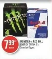 Shoppers Drug Mart MONSTER or RED BULL ENERGY DRINK 4's Selected Types offer