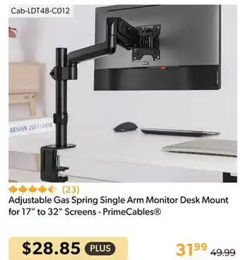 Shopper+ Adjustable gas spring single arm monitor desk mount for 17 to 32 screens - primecables offer
