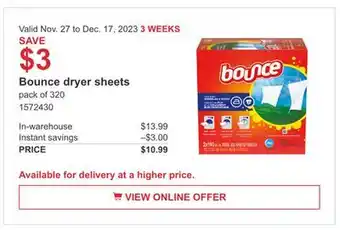 Costco Bounce dryer sheets offer