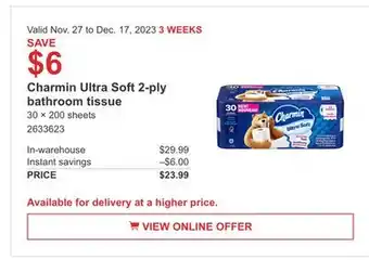 Costco Charmin ultra soft 2-ply bathroom tissue offer