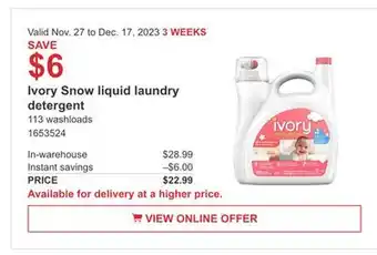 Costco Ivory snow liquid laundry detergent offer