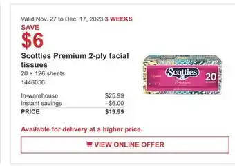 Costco Scotties premium 2-ply facial tissues offer