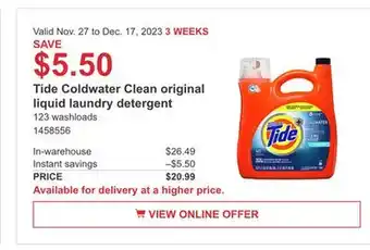 Costco Tide coldwater clean original liquid laundry detergent offer