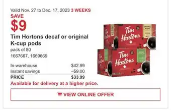 Costco Tim hortons decaf or original k-cup pods offer