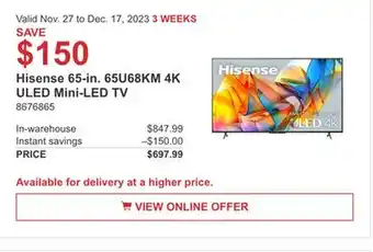 Costco Hisense 65-in. 65u68km 4k uled mini-led tv offer