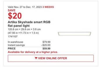 Costco Artika skyshade smart rgb flat panel light offer