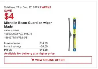 Costco Michelin beam guardian wiper blade offer