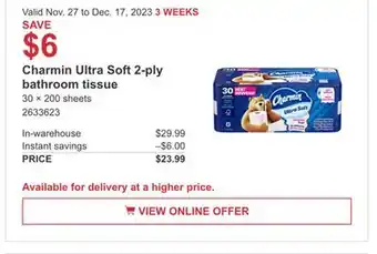 Costco Charmin ultra soft 2 -play bathroom tissue offer