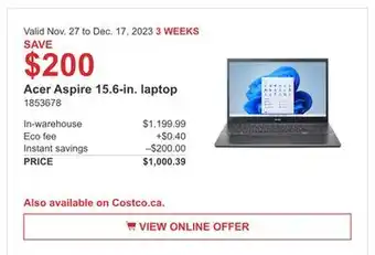 Costco Acer aspire 15.6-in. laptop offer