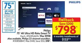 Walmart Philips 75 4k ultra hd roku smart tv offer