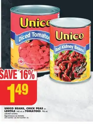 No Frills Unico beans, chick peas or lentils, 540 ml or tomatoes, 796 ml offer