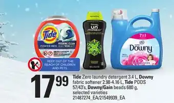 Loblaws Tide zero laundry detergent 3.4 l, downy fabric softener 2.98-4.16 l, tide pods 57/43's, downy/gain beads 680 g offer