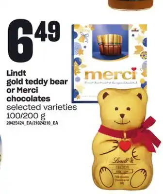 Loblaws Lindt gold teddy bear or merci chocolates, 100/200 g offer