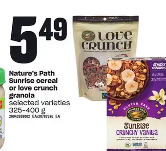 Loblaws Nature's path sunrise cereal or love crunch granola, 325-400 g offer