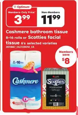 Loblaws Cashmere bathroom tissue, 8=16 rolls or scotties facial tissue, 6's offer