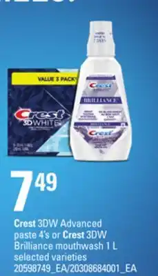 Loblaws Crest 3dw advanced paste 4's or crest 3dw brilliance mouthwash 1 l offer