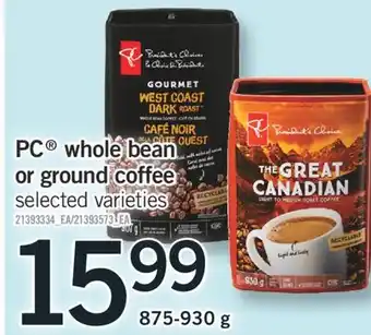 Fortinos Pc whole bean or ground coffee, 875-930 g offer