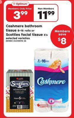 Independent Grocer Cashmere bathroom 8=16 rolls or scotties facial tissue 6's offer