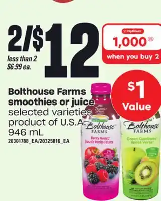 Independent Grocer Bolthouse farms smoothies or juice, 946 ml offer