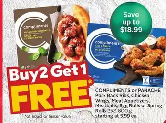 Sobeys Or panache pork back ribs, chicken wings, meat appetizers, meatballs, egg rolls or spring rolls offer