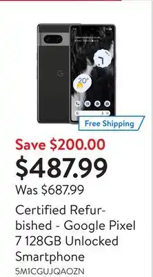 Walmart Certified refurbished - google pixel 7 128gb unlocked smartphone offer