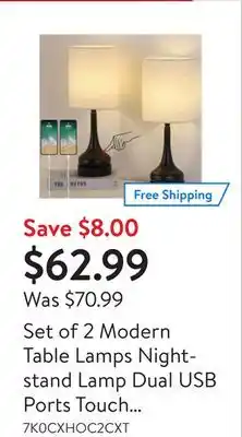 Walmart Set of 2 modern table lamps nightstand lamp dual usb ports touch control offer
