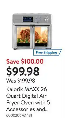 Walmart Kalorik maxx 26 quart digital air fryer oven with 5 accessories and quiet mode afo 52484 ss offer