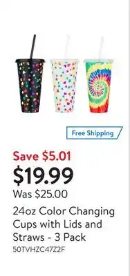 Walmart 24oz color changing cups with lids and straws - 3 pack offer
