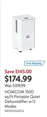 Walmart Homcom 1500 sq.ft portable quiet dehumidifier w/3 modes offer