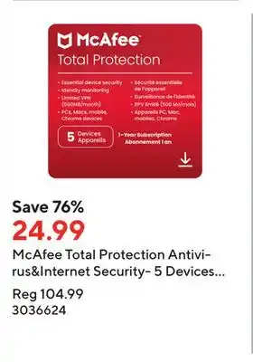 Staples Mcafee total protection antivirus&internet security- 5 devices (windows/mac/android/ios/chromeos)-1-year subscription (downlo offer