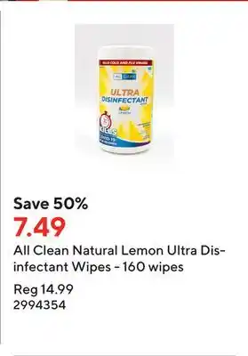 Staples All clean natural lemon ultra disinfectant wipes - 160 wipes offer