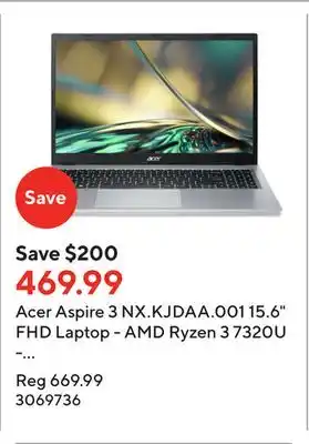 Staples Acer aspire 3 nx.kjdaa.001 15.6 fhd laptop - amd ryzen 3 7320u - 256 gb ssd - 8 gb ram - windows 11s offer