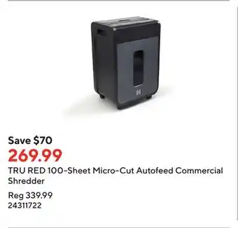 Staples Tru red 100-sheet micro-cut autofeed commercial shredder offer