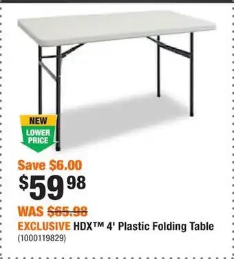 Home Depot Exclusive hdx 4' plastic folding table offer