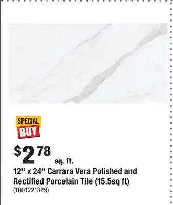 Home Depot 12 x 24 carrara vera polished and rectified porcelain tile (15.5sq ft) offer