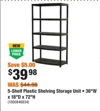 Home Depot 5-shelf plastic shelving storage unit • 36w x 18d x 72h offer