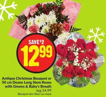 Chalo FreshCo Antique christmas bouquet or 50 cm dozen long stem roses with greens & baby's breath offer