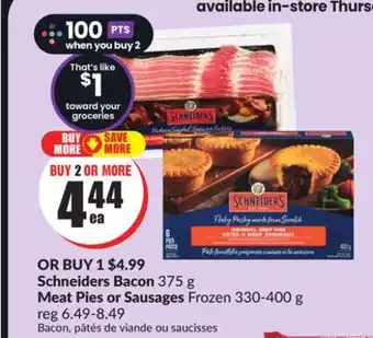 FreshCo Schneiders bacon 375 g meat pies or sausages frozen 330-400 g offer