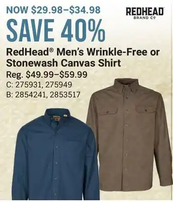 Bass Pro Redhead men's wrinkle-free or stonewash canvas shirt offer