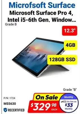 Factory Direct Microfsoft surface 12.3 4gb 128gb ssd pro 4, intel i5-6th gen, window offer
